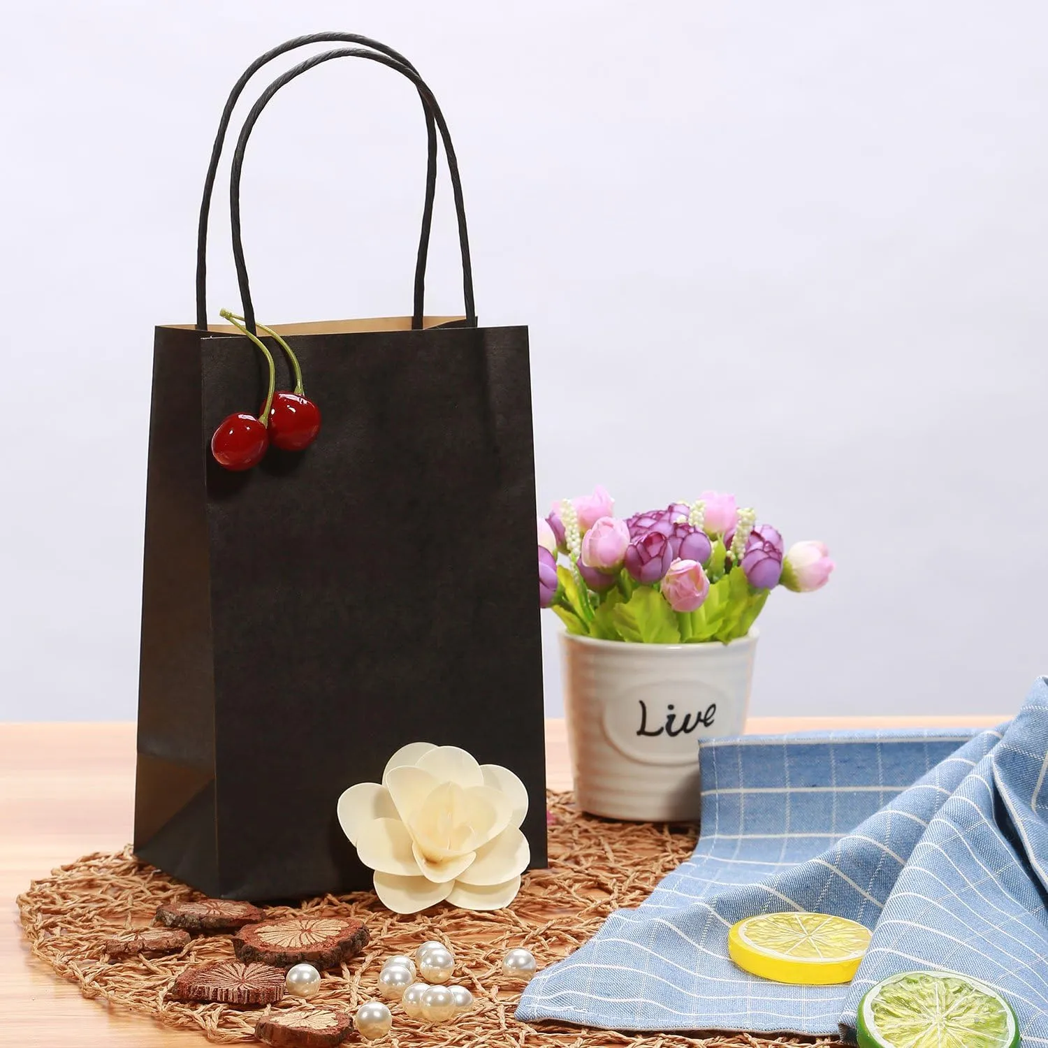 50 Pcs Gift Bags Small 5.25x3.25x8’’ Black Paper Bags With Handles Recycled Kraft Bag For Shopping, Business, Birthday, Party, Wedding, Retail, Easter, Mother's Day, Graduation