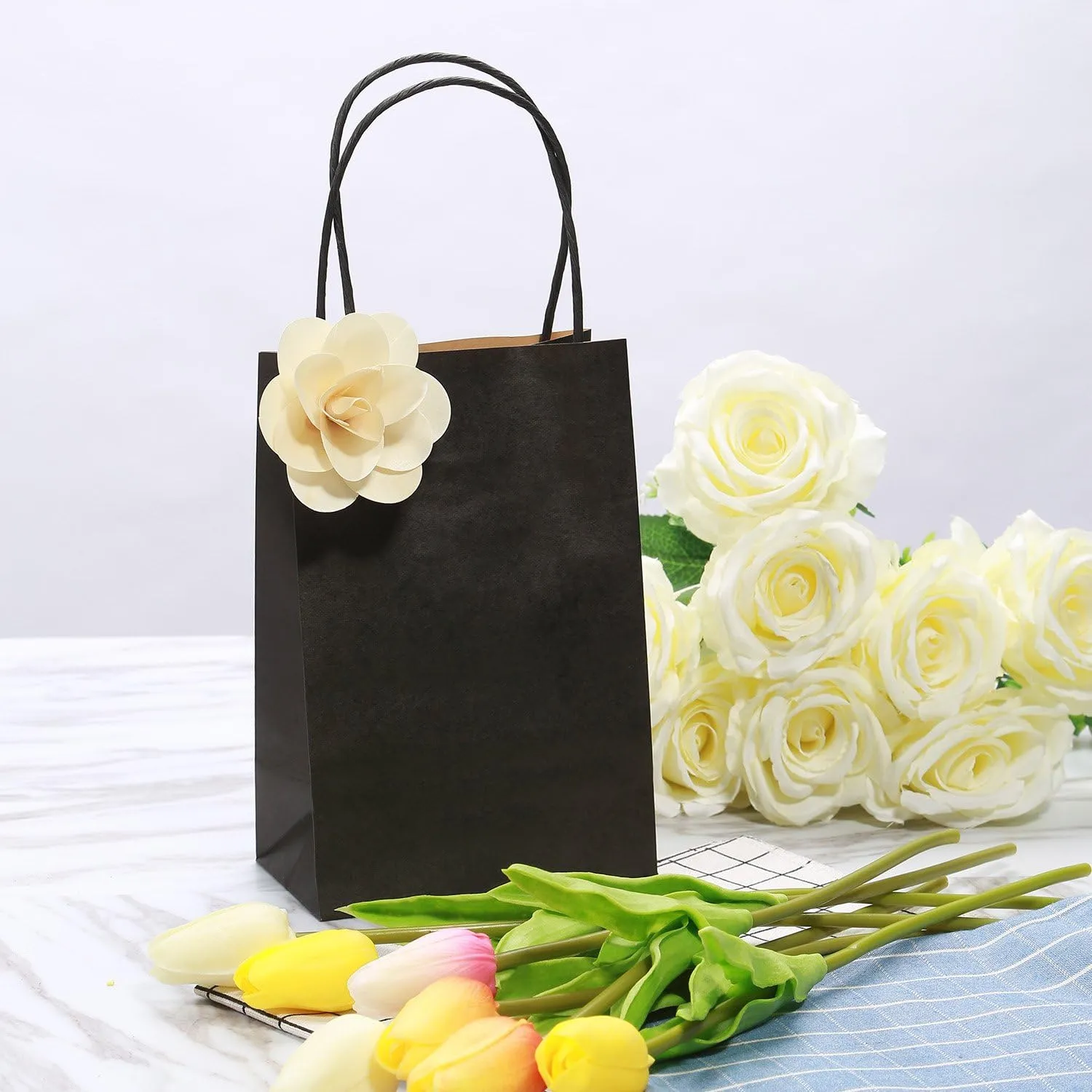 50 Pcs Gift Bags Small 5.25x3.25x8’’ Black Paper Bags With Handles Recycled Kraft Bag For Shopping, Business, Birthday, Party, Wedding, Retail, Easter, Mother's Day, Graduation