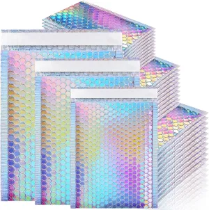 50 Pcs Holographic Bubble Mailers,Metallic Bubble Mailers,Waterproof Poly Padded Envelopes,Self Sealing Cushion Envelopes,Foil Glitter Glamour Shipping Bags for Mailing,Shipping,Packing,Small Business