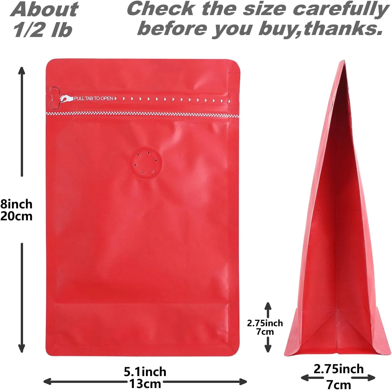 60 Pack High Barrier Stand-Up Coffee Bean Bags with Vented Valve, Matte Metallic Ziplock, Heat-Sealable and Resealable Solid Color Pouches for Food Storage (5.1 * 8 inch,1/2 lb,Red)