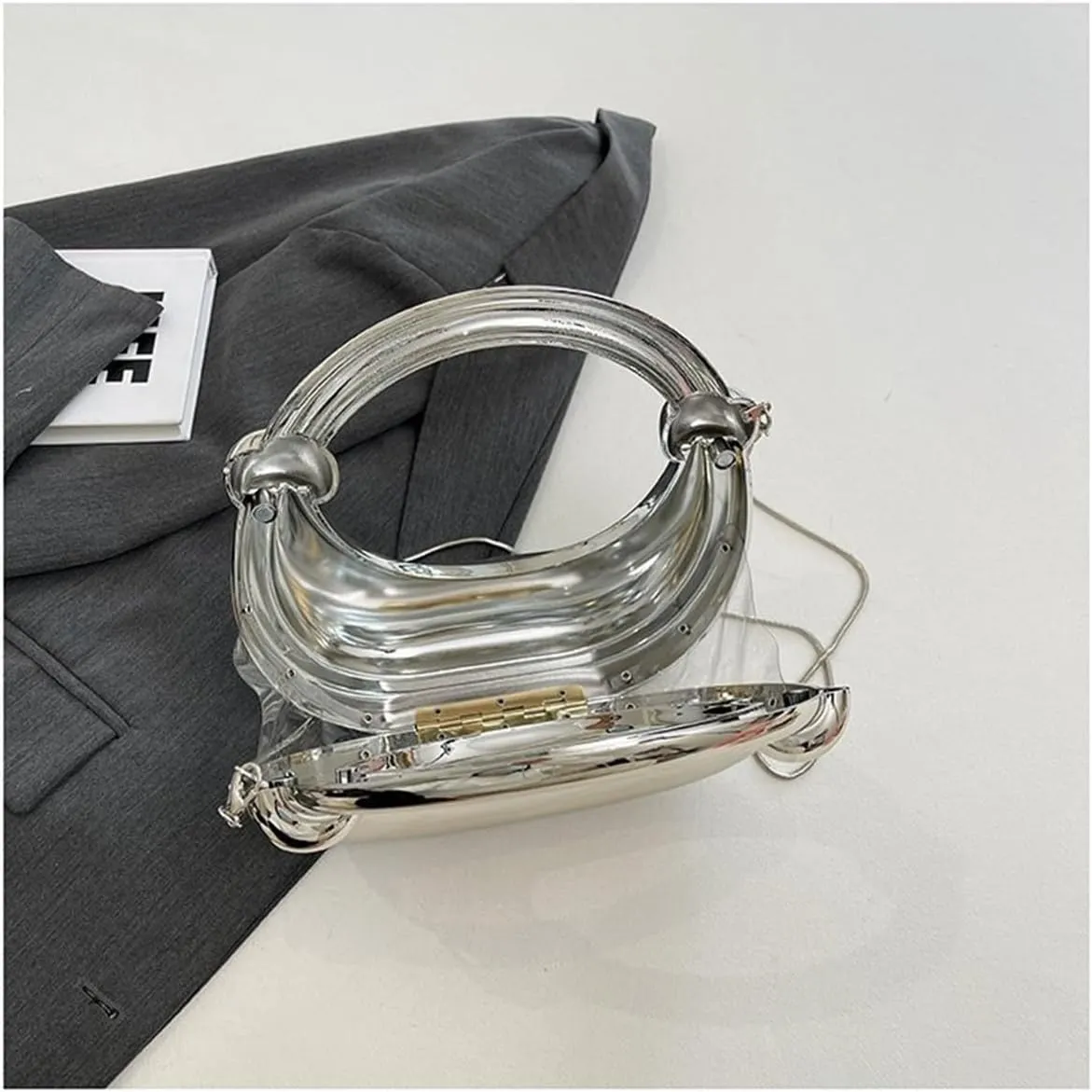 Acrylic Evening Clutch Purse Top-handle Moon Hobo Bag, Elegant Marble Handbag for Wedding Cocktail Party