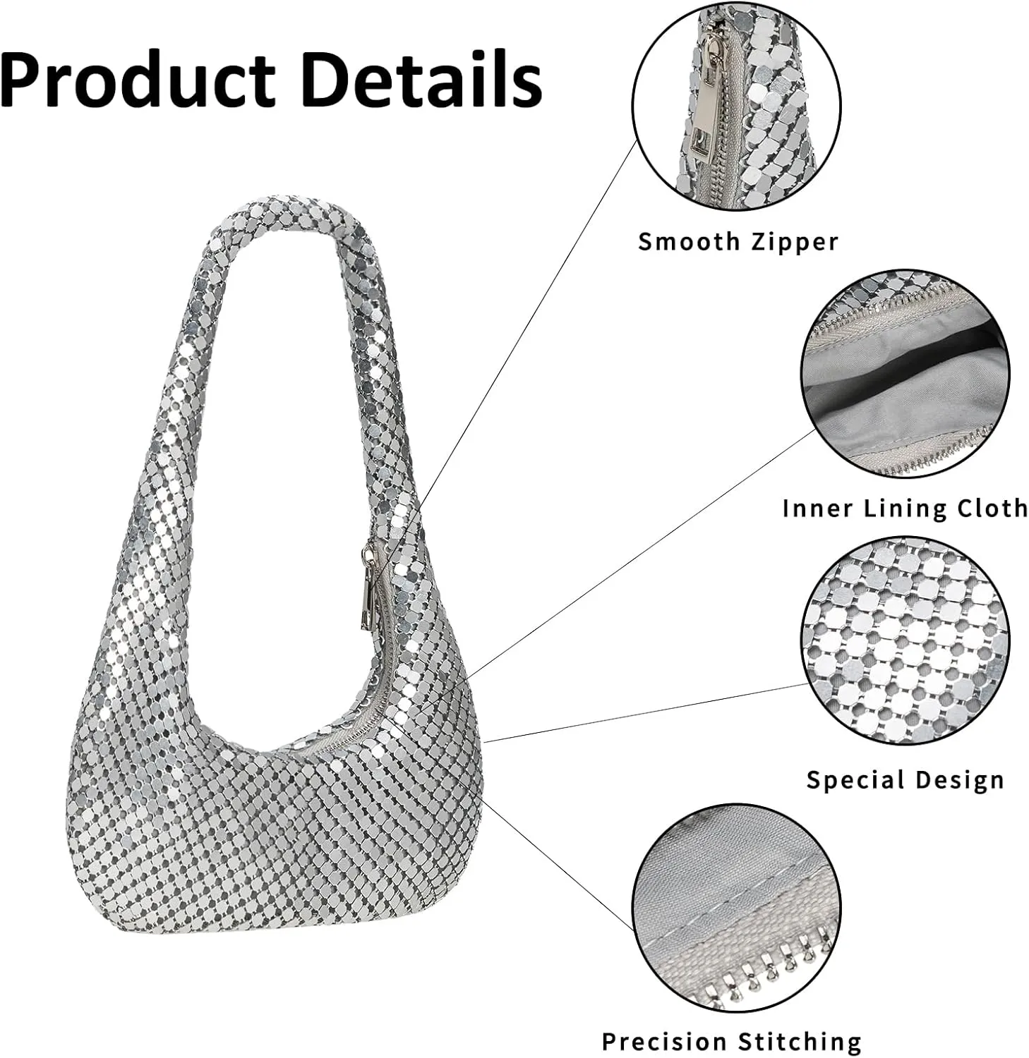 Afashor Womens Metallic Evening Bag Cute Hobo Handbag Fashion Shiny Moon-shaped Shoulder Purse