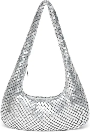 Afashor Womens Metallic Evening Bag Cute Hobo Handbag Fashion Shiny Moon-shaped Shoulder Purse