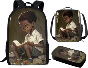 African Backpack for School Boys Lunch Box Black,Afro Boy School Bags Set with Lunchbag Pencil Case American Book Bags for Preschool/Elementary
