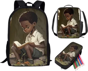 African Boy Backpack With Lunch Box for Kids 7-10/10-12 Years Old Basketball School Bag Elementary Middle High Student Bookbag Lunch Bag Pencil Case Girls 17 Inch Back Pack Afro American