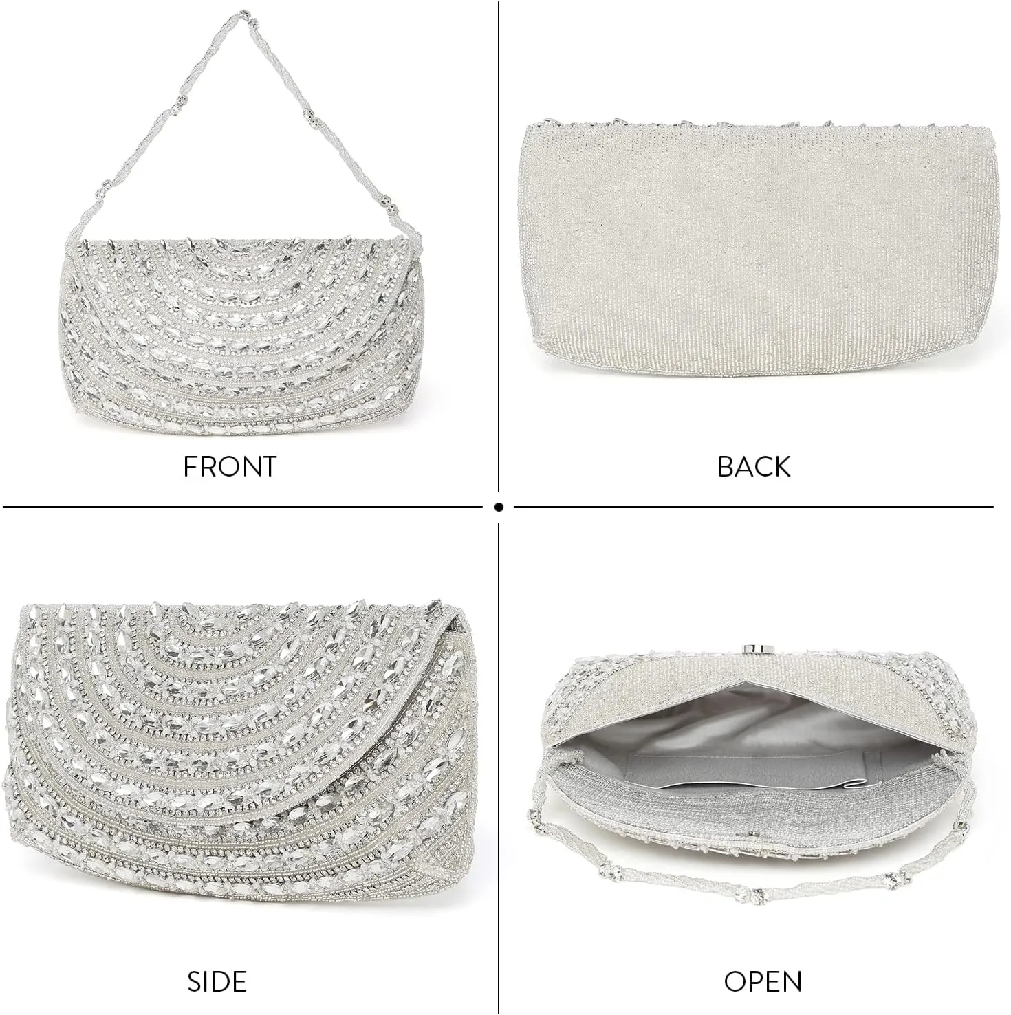 Aheli Clutch Purses Gift for Women Wedding Handmade Evening Handbags Party Bridal Clutch, Silver Color, Onesize