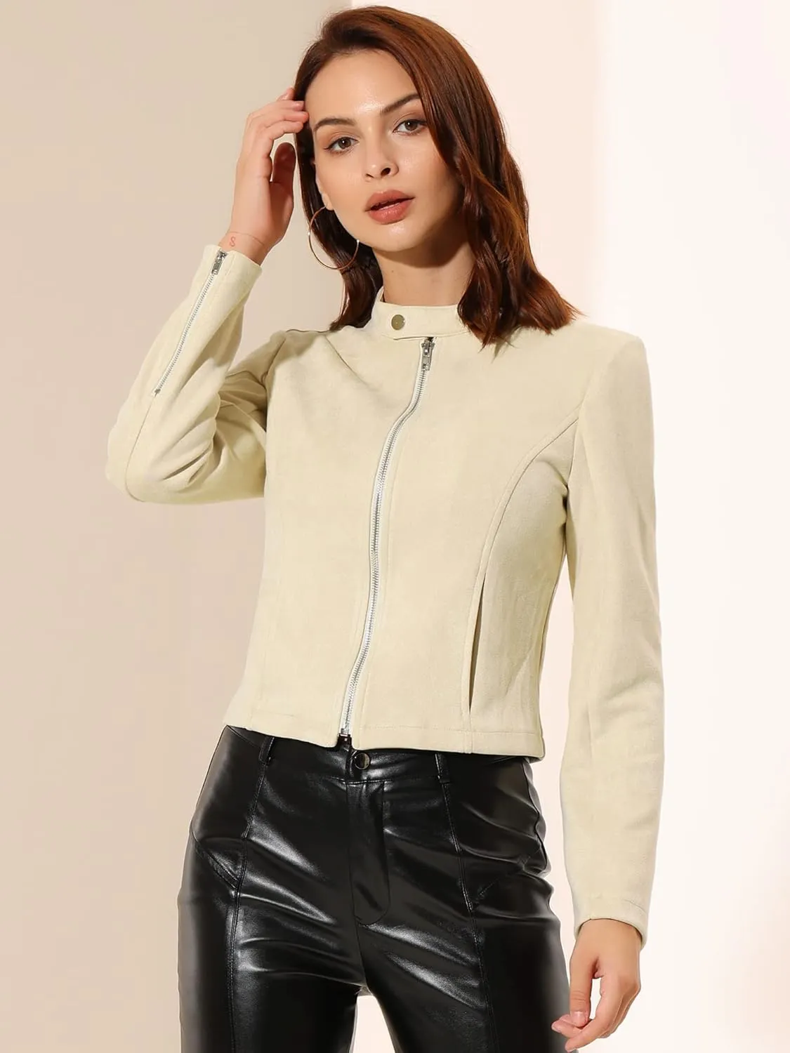 Allegra K Women's Faux Suede Jacket Stand Collar Zip Up Long Sleeve Motorcycle Biker Coat