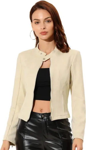 Allegra K Women's Faux Suede Jacket Stand Collar Zip Up Long Sleeve Motorcycle Biker Coat