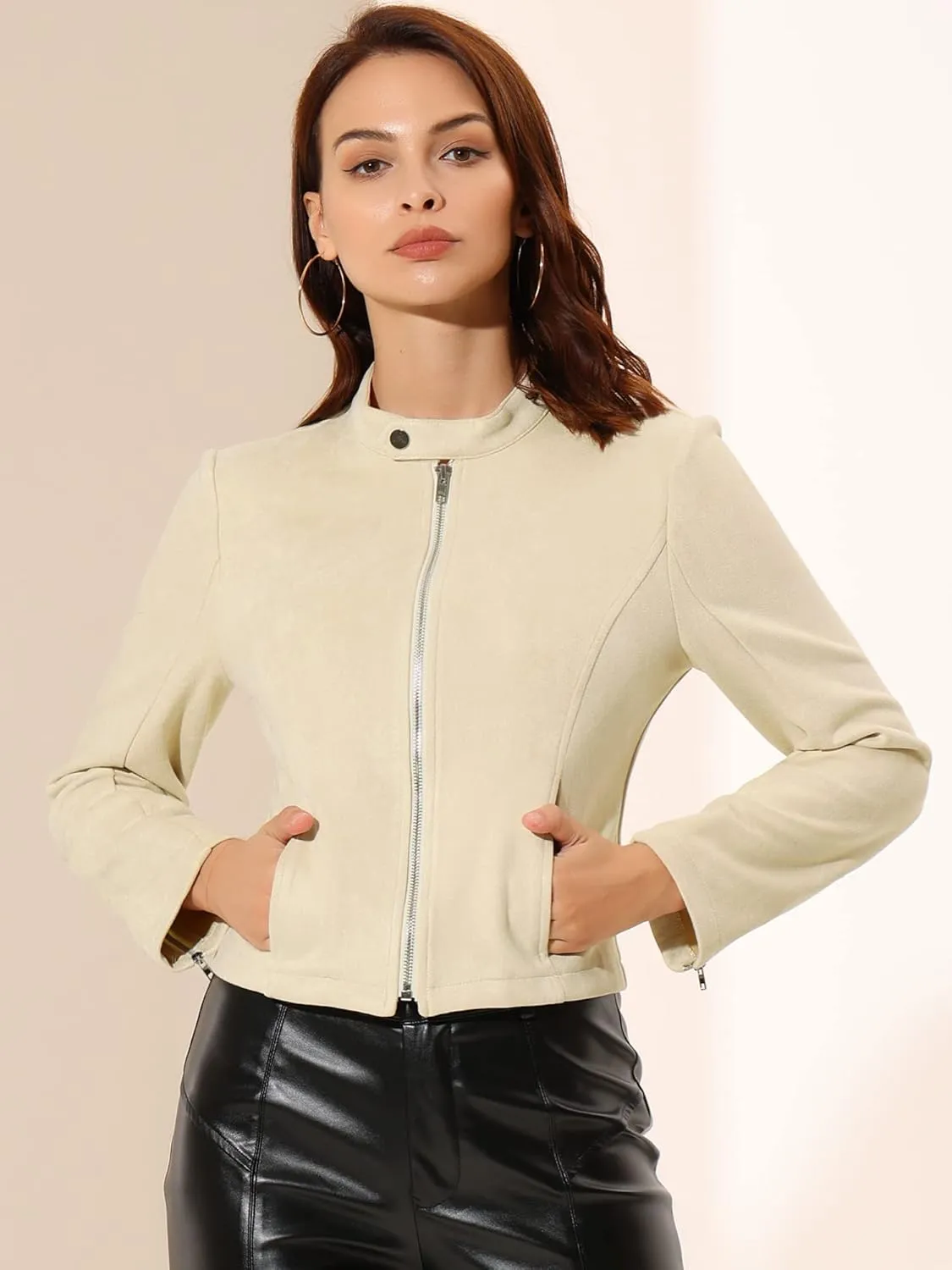 Allegra K Women's Faux Suede Jacket Stand Collar Zip Up Long Sleeve Motorcycle Biker Coat