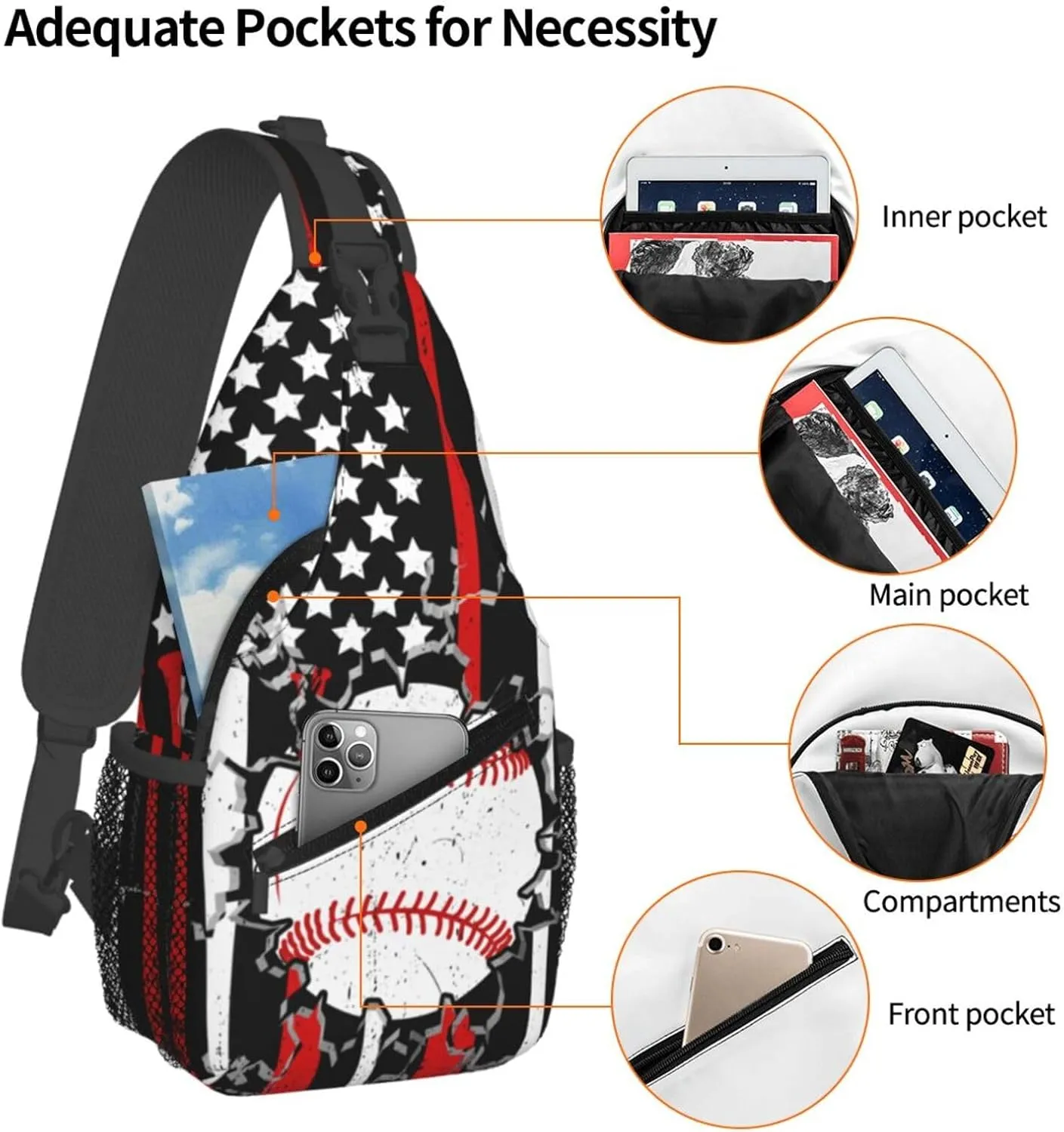 American Flag Baseball Chest Bags Crossbody Sling Bag Shoulder Bag Travel Hiking Daypack For Men Women