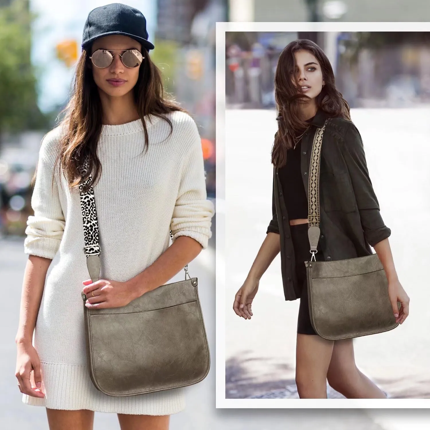 AUYOCO Vegan Leather Crossbody Bags for Women, Crossbody Purse with Guitar Strap Zipped Pockets Handbag Shoulder Bag