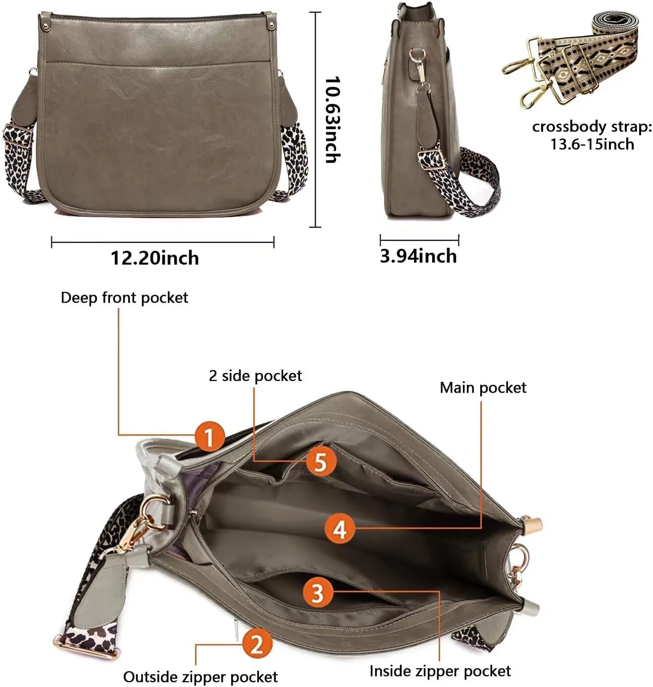 AUYOCO Vegan Leather Crossbody Bags for Women, Crossbody Purse with Guitar Strap Zipped Pockets Handbag Shoulder Bag