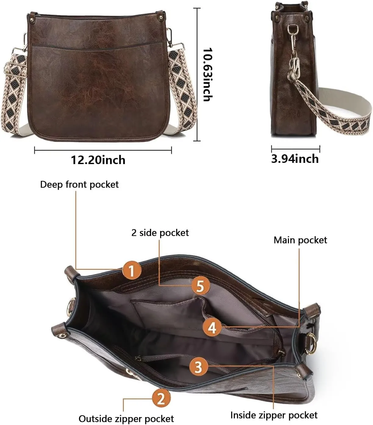 AUYOCO Vegan Leather Crossbody Bags for Women, Crossbody Purse with Guitar Strap Zipped Pockets Handbag Shoulder Bag