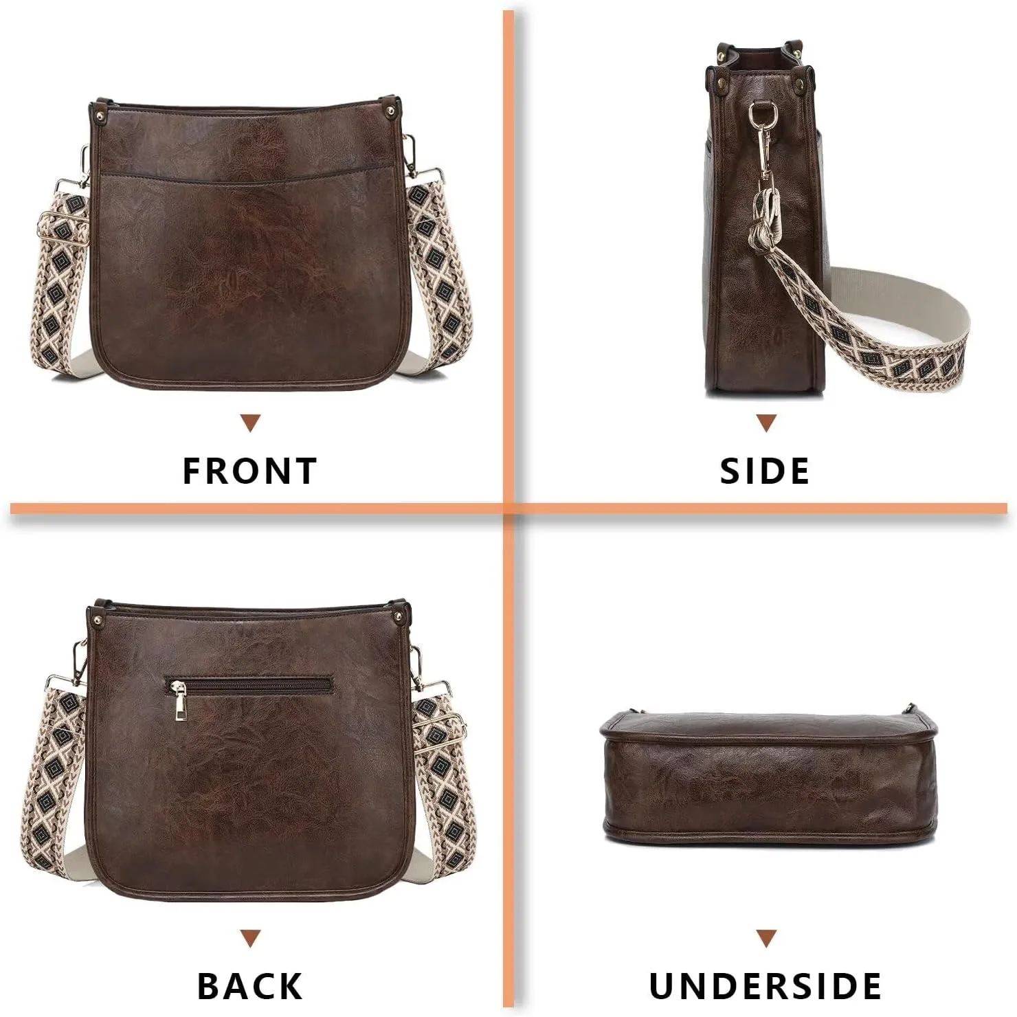 AUYOCO Vegan Leather Crossbody Bags for Women, Crossbody Purse with Guitar Strap Zipped Pockets Handbag Shoulder Bag