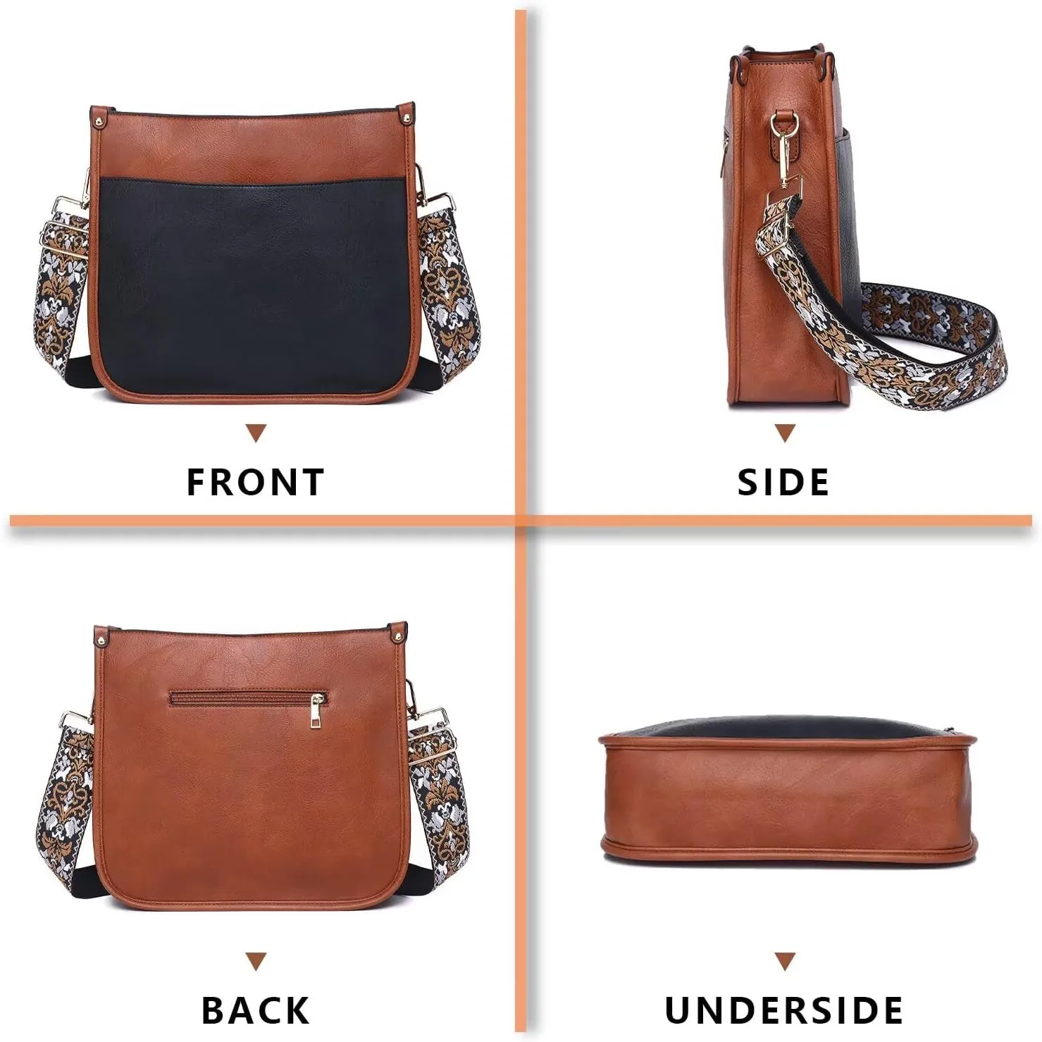 AUYOCO Vegan Leather Crossbody Bags for Women, Crossbody Purse with Guitar Strap Zipped Pockets Handbag Shoulder Bag