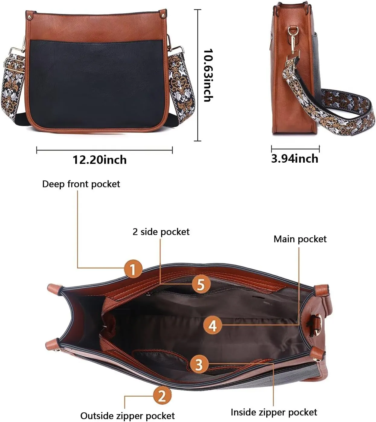 AUYOCO Vegan Leather Crossbody Bags for Women, Crossbody Purse with Guitar Strap Zipped Pockets Handbag Shoulder Bag