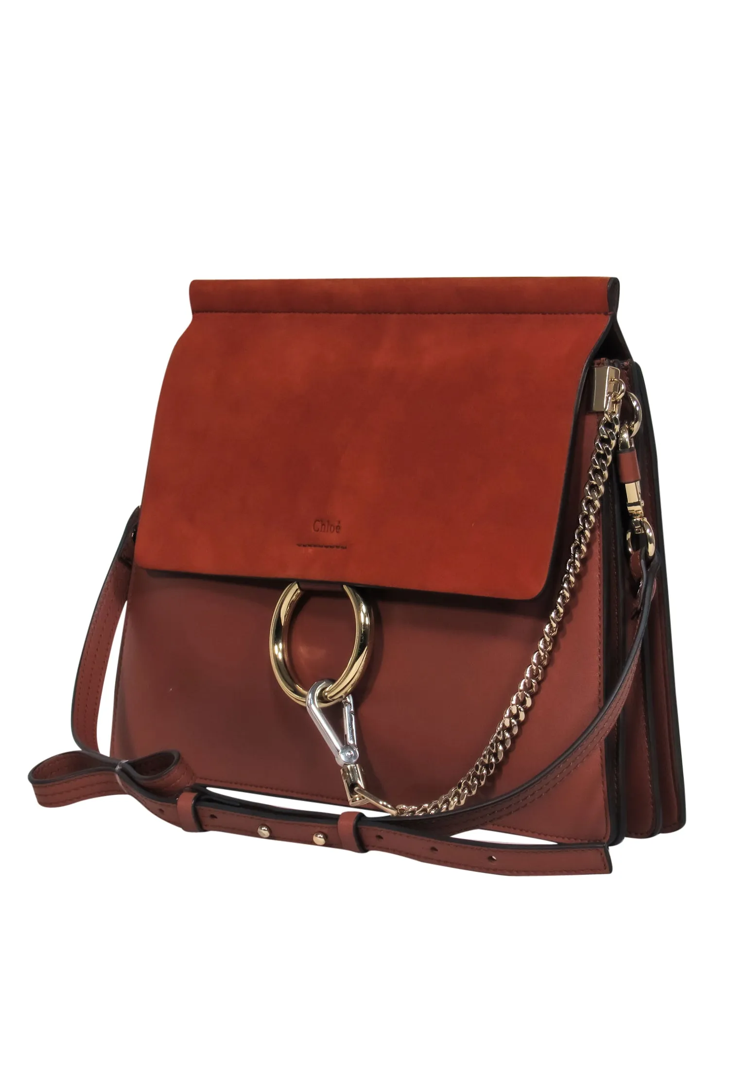 Bag Shoulder Suede Fold-Over Brown Door-to-door w/ "Faye" Chloe Supportive Hardware & Leather - Ring