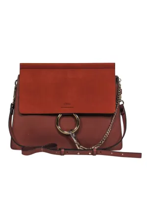 Bag Shoulder Suede Fold-Over Brown Door-to-door w/ "Faye" Chloe Supportive Hardware & Leather - Ring
