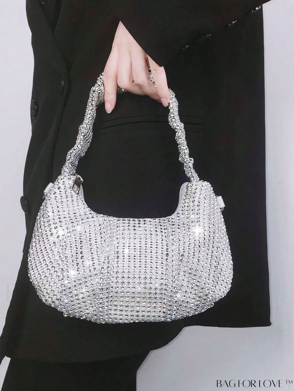 BagForLove - Glamorous Rhinestone-Embellished Hobo Bag with Zipper - Perfect for Parties