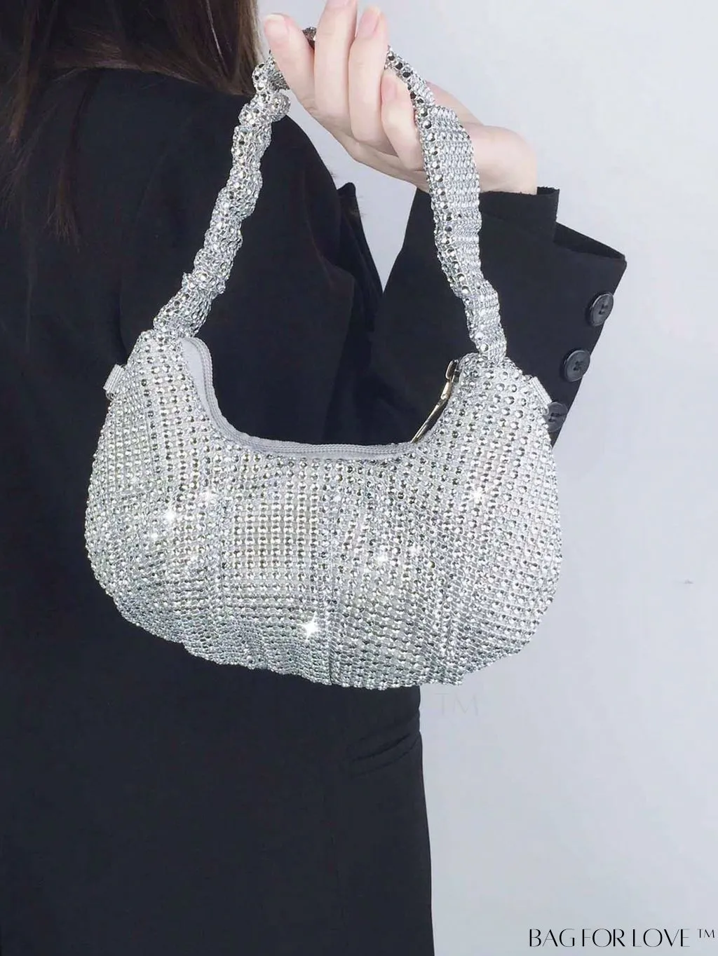 BagForLove - Glamorous Rhinestone-Embellished Hobo Bag with Zipper - Perfect for Parties