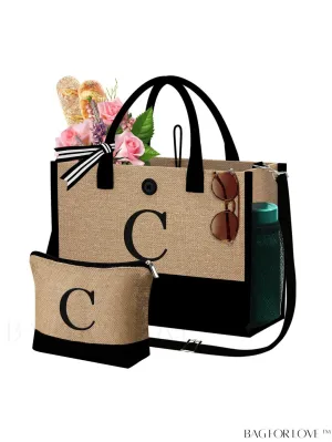 BagForLove - Versatile Jute Tote Bag: Stylish, Multi-Pocketed Beach & Makeup Bag, Adjustable Strap, Ideal Gift