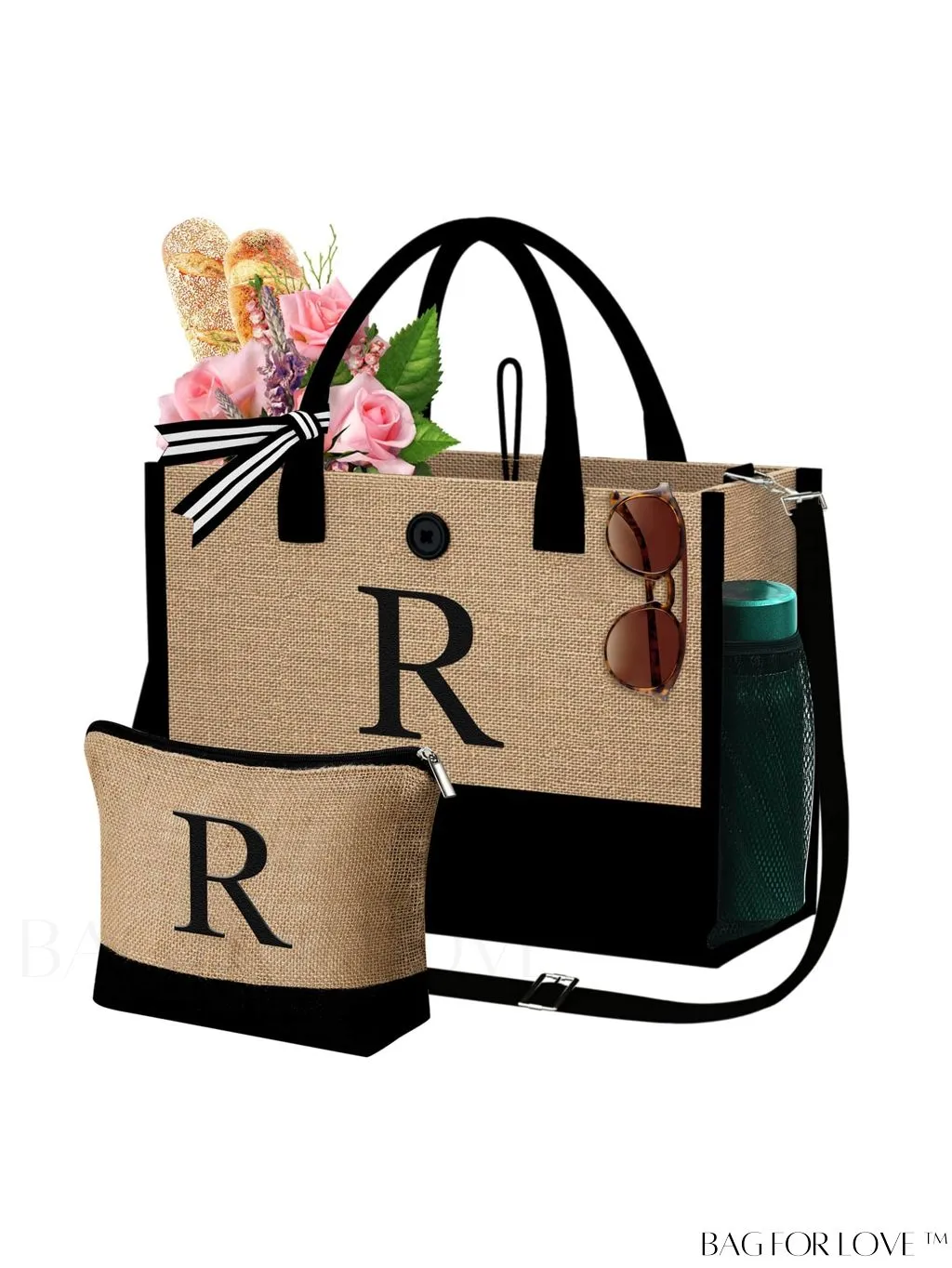 BagForLove - Versatile Jute Tote Bag: Stylish, Multi-Pocketed Beach & Makeup Bag, Adjustable Strap, Ideal Gift