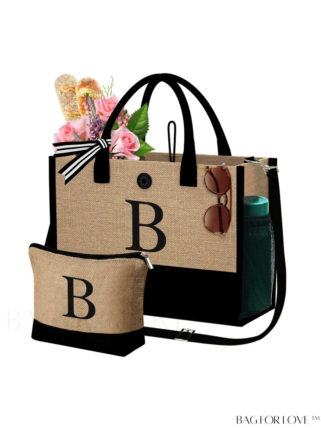 BagForLove - Versatile Jute Tote Bag: Stylish, Multi-Pocketed Beach & Makeup Bag, Adjustable Strap, Ideal Gift