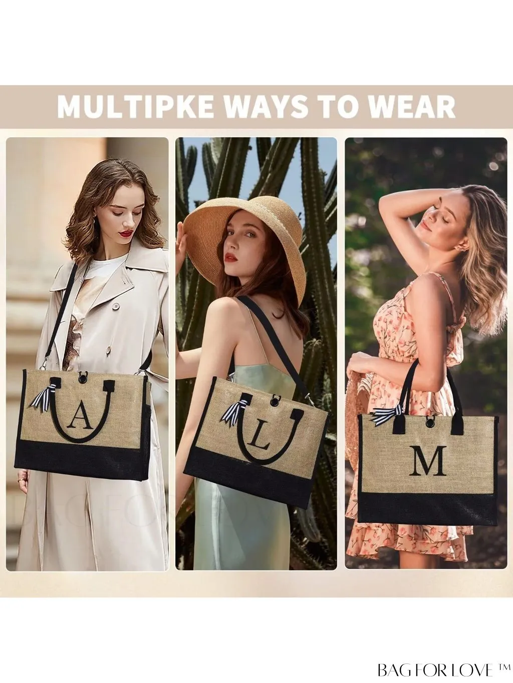 BagForLove - Versatile Jute Tote Bag: Stylish, Multi-Pocketed Beach & Makeup Bag, Adjustable Strap, Ideal Gift
