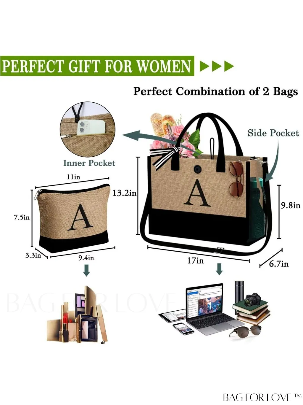 BagForLove - Versatile Jute Tote Bag: Stylish, Multi-Pocketed Beach & Makeup Bag, Adjustable Strap, Ideal Gift