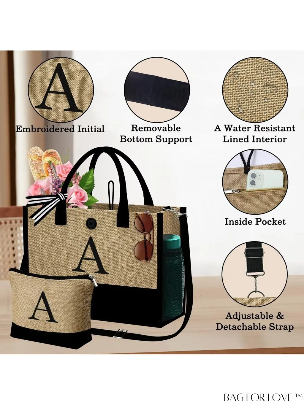 BagForLove - Versatile Jute Tote Bag: Stylish, Multi-Pocketed Beach & Makeup Bag, Adjustable Strap, Ideal Gift