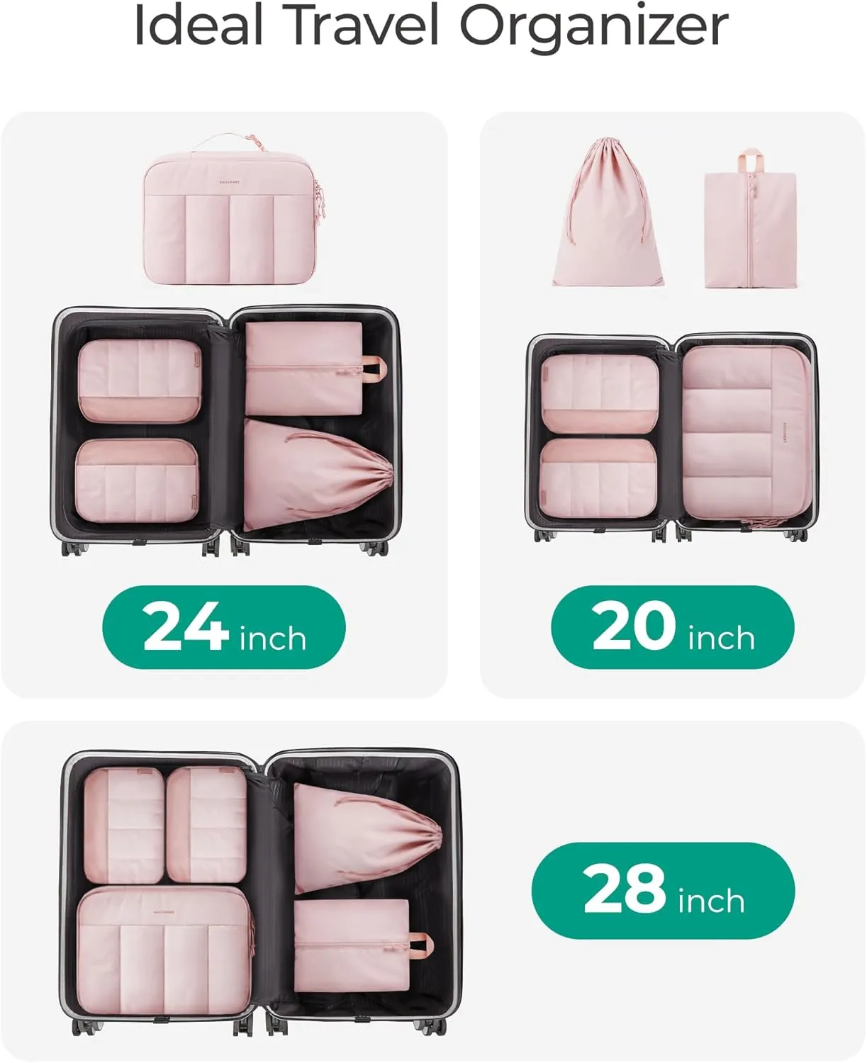 BAGSMART Hanging Packing Cubes for Travel Women, Large Capacity Luggage Organizers for Suitcases, Quilted Travel Essentials for Women, Black
