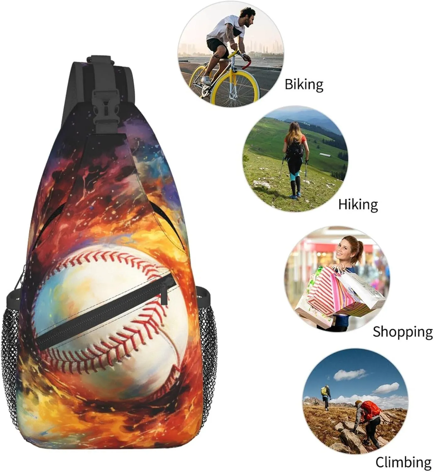 Baseball Fire and Water Painting Chest Bags Crossbody Sling Bag Shoulder Bag Travel Hiking Daypack For Men Women