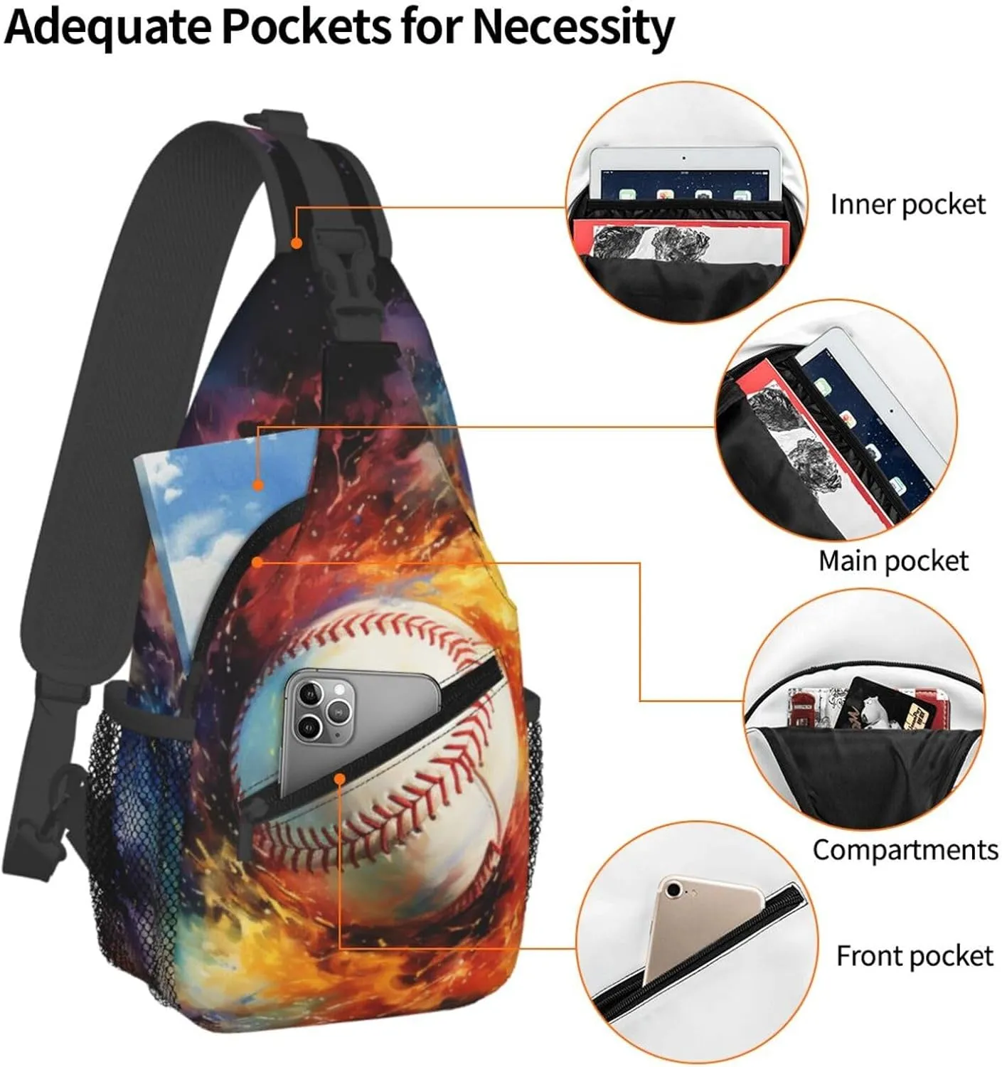 Baseball Fire and Water Painting Chest Bags Crossbody Sling Bag Shoulder Bag Travel Hiking Daypack For Men Women