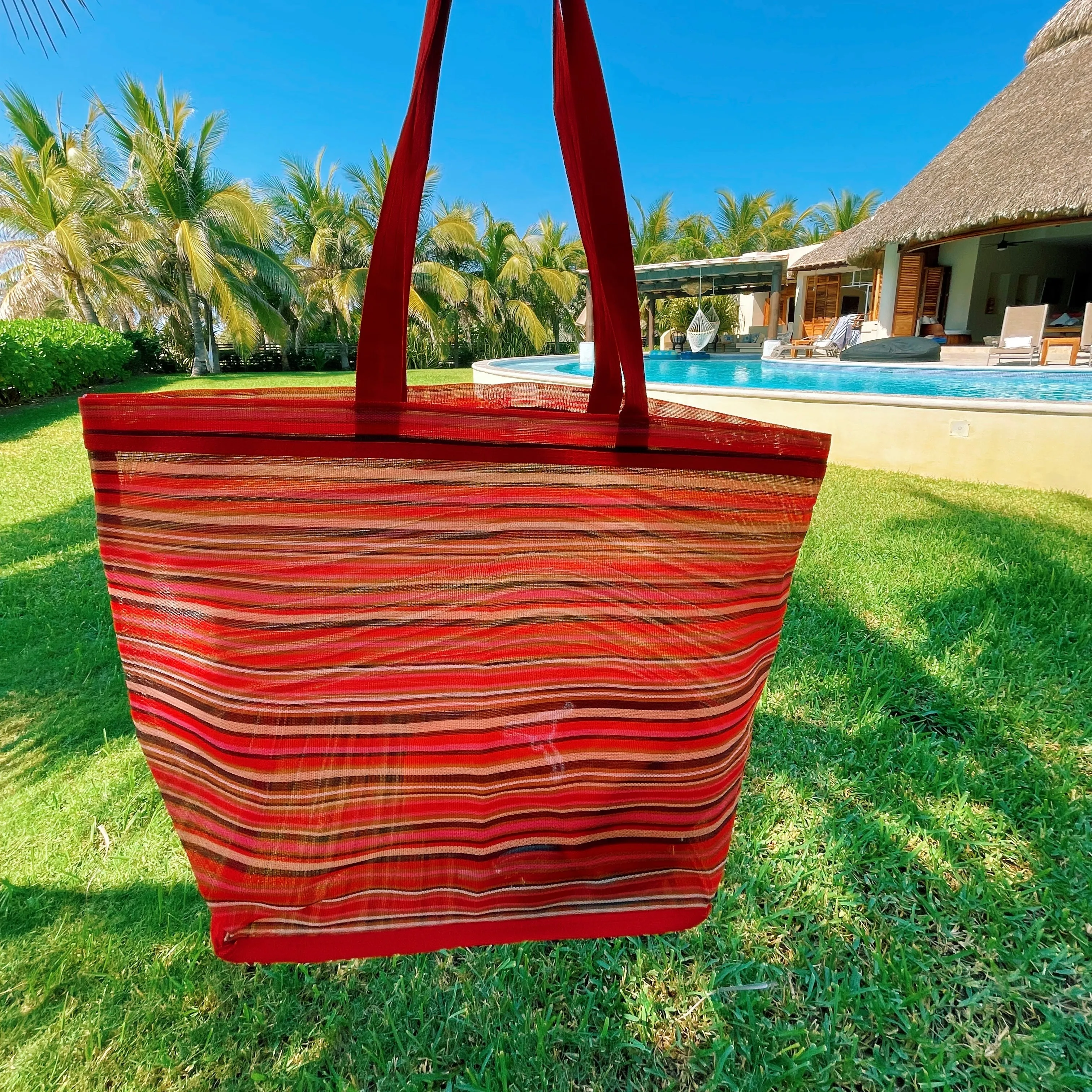 Beach Bag Fabric Strap Mexican Plastic Tote Beach Bag 20 x 15 in