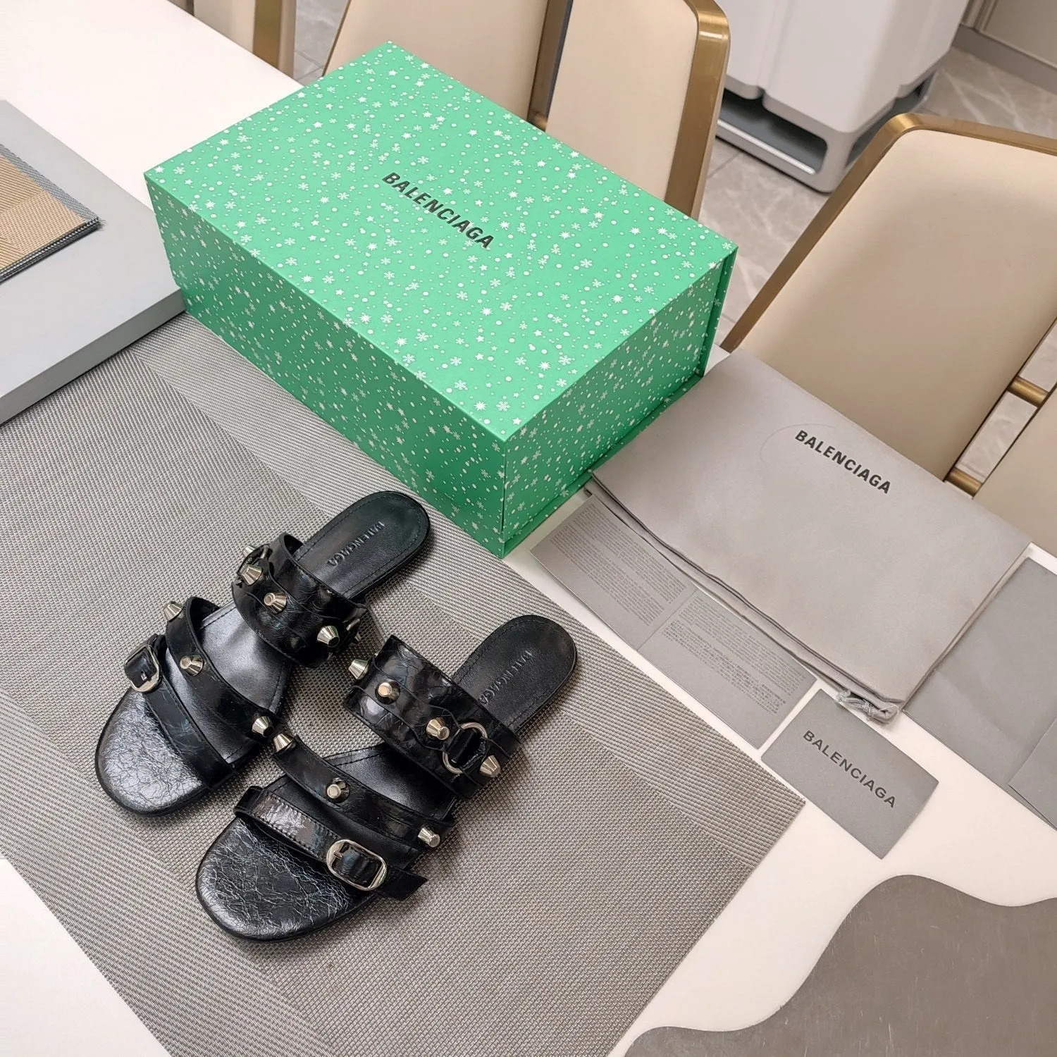 Beautifully crafted Balanciaga WAX-OIL Quick dispatch STUDDED FLAT IN SHEEPSKIN STRAPPY BLACK SANDALS