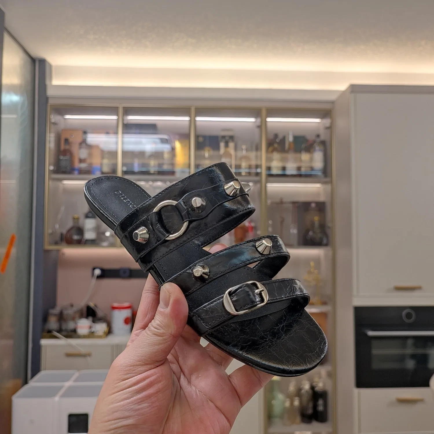 Beautifully crafted Balanciaga WAX-OIL Quick dispatch STUDDED FLAT IN SHEEPSKIN STRAPPY BLACK SANDALS