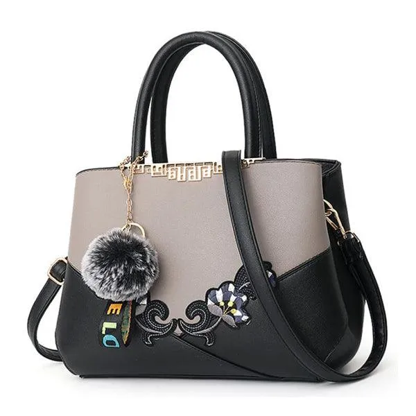 Black And Grey  French Hobo With Faux - Fur Cham Shape Tote Handbag