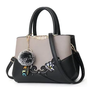 Black And Grey  French Hobo With Faux - Fur Cham Shape Tote Handbag
