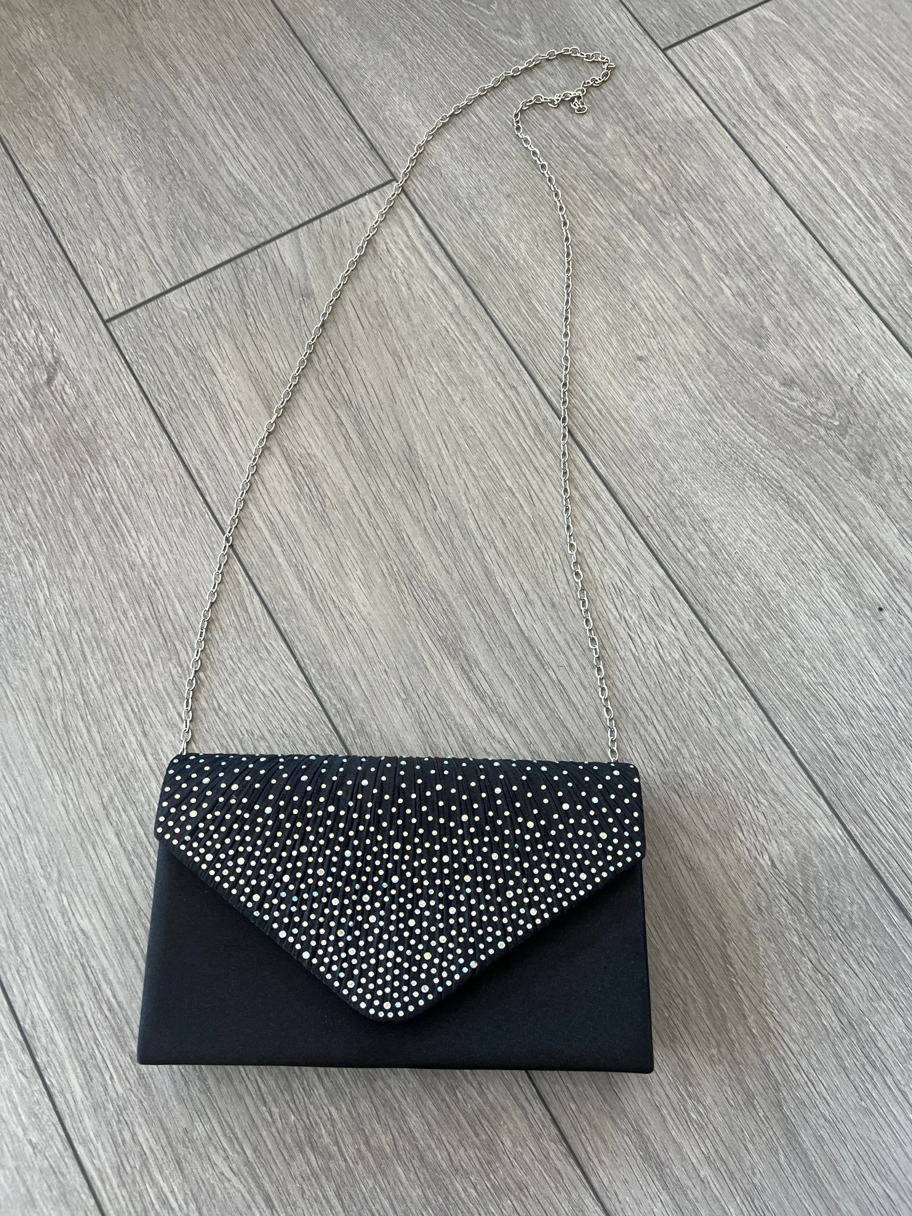 BLACK ENVELOPE CLUTCH BAG WITH RHINESTONES