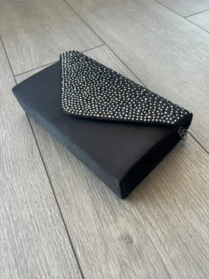 BLACK ENVELOPE CLUTCH BAG WITH RHINESTONES