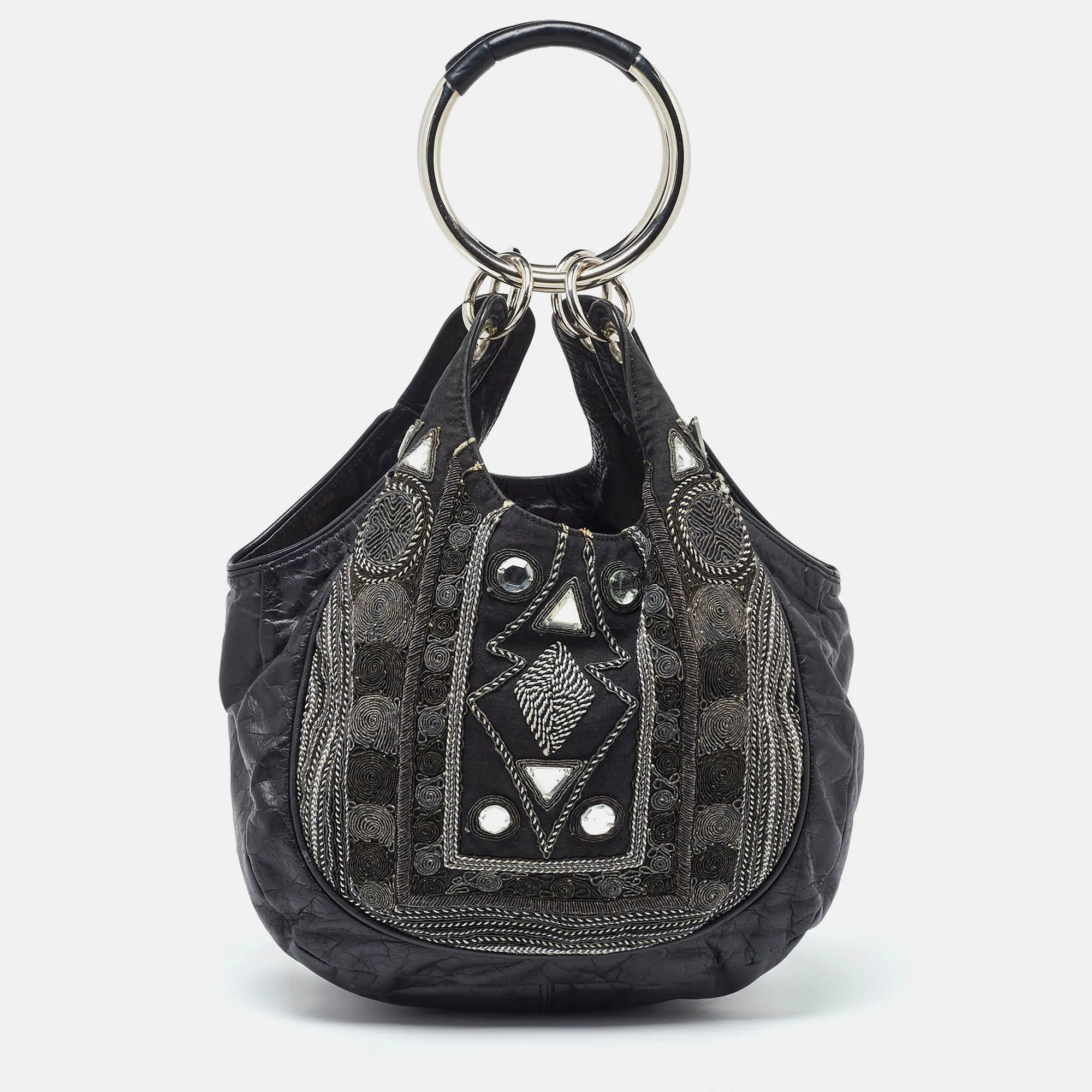 Black Leather Embellished Ring Handle Hobo