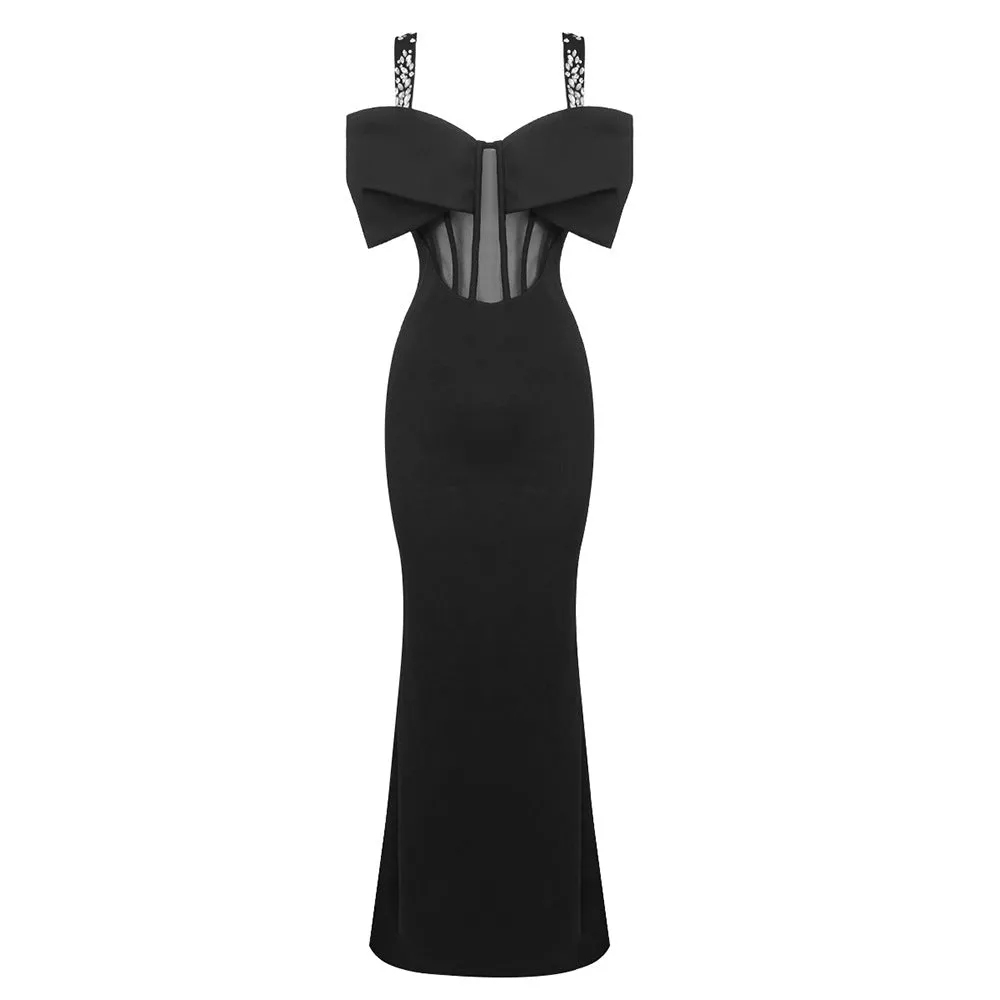 Black Rhinestone Strappy Bow Semi Transparent Maxi Dress Slim Ladies Dress