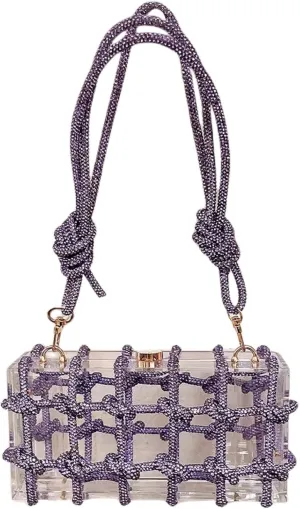 Clear Acrylic Rhinestone Purse, Sparkle Evening Clutch, Crystal Embellished Knotted Handbag for Cocktail, Party, Prom