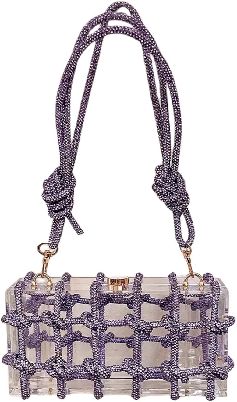 Clear Acrylic Rhinestone Purse, Sparkle Evening Clutch, Crystal Embellished Knotted Handbag for Cocktail, Party, Prom