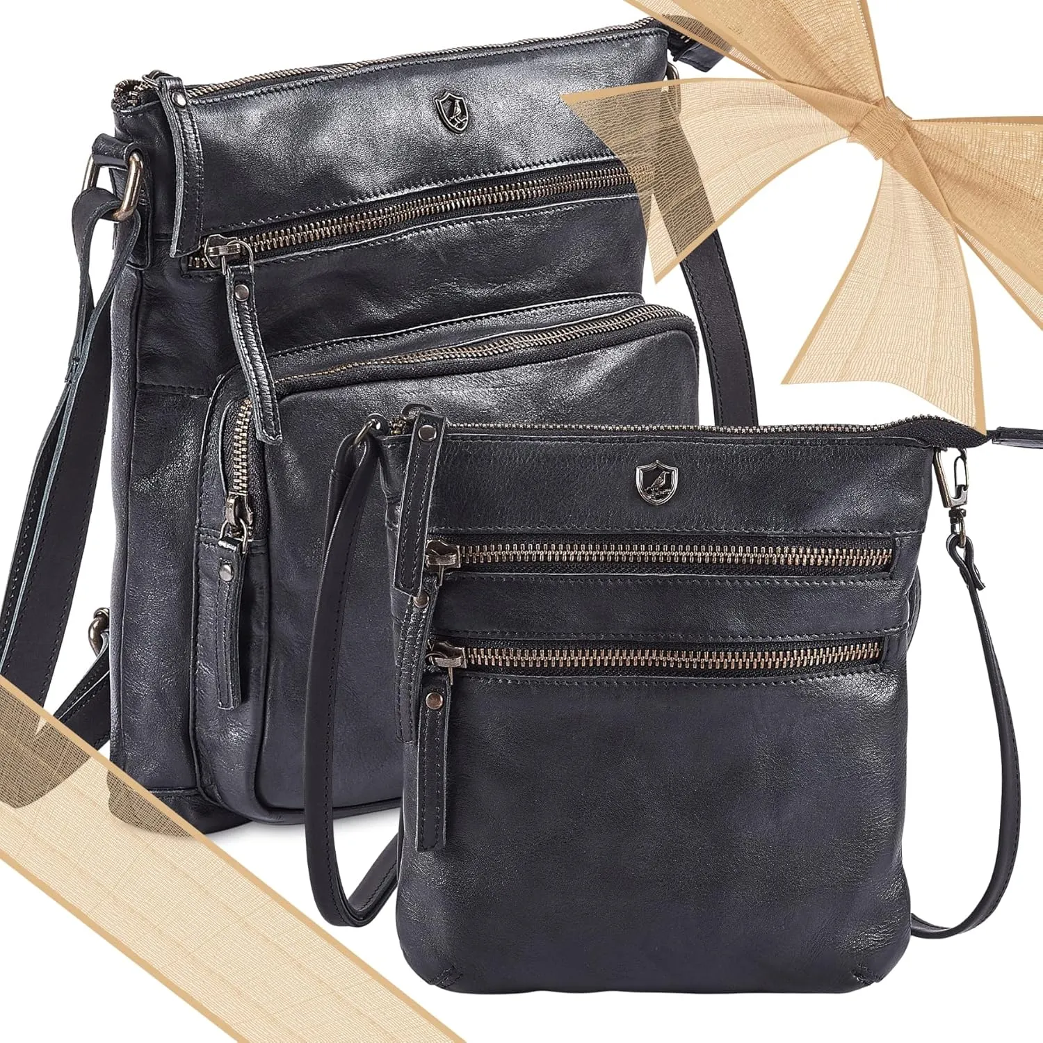 Cochoa Women's Crossbody Real Leather Triple Zip Bag, Purse, Travel Bag (Black SET of 2)