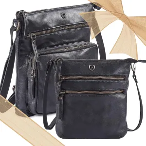 Cochoa Women's Crossbody Real Leather Triple Zip Bag, Purse, Travel Bag (Black SET of 2)