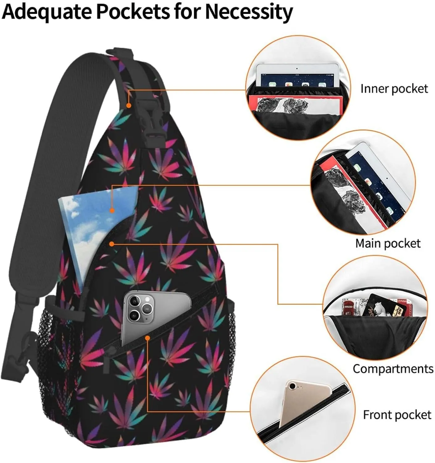 Colourful Marijuana Leaf Chest Bags Crossbody Sling Bag Shoulder Bag Travel Hiking Daypack For Men Women
