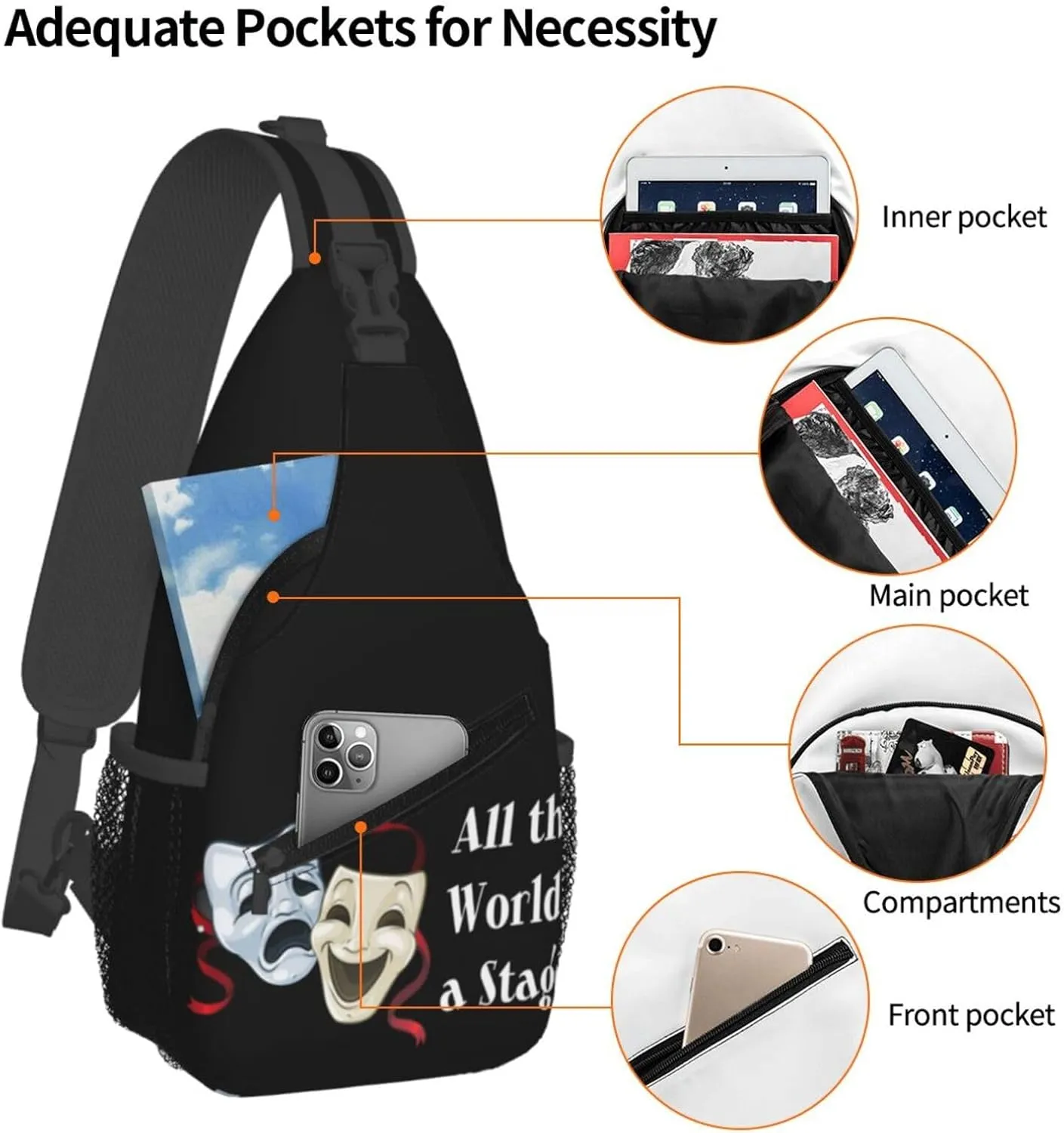 Comedy Tragedy Drama Theater Masks Mens Crossbody Chest Bag One Shoulder Strap Zipper Sling Bags