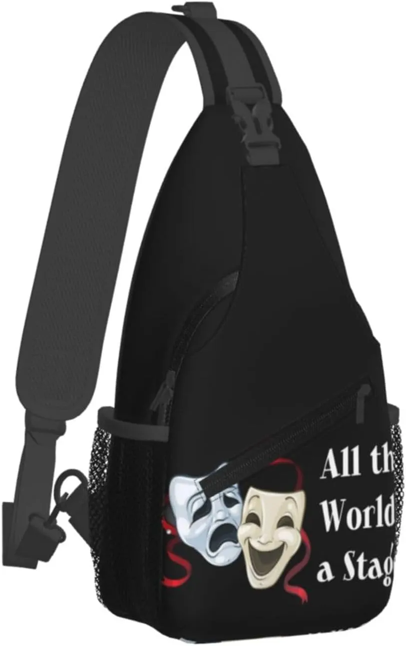 Comedy Tragedy Drama Theater Masks Mens Crossbody Chest Bag One Shoulder Strap Zipper Sling Bags