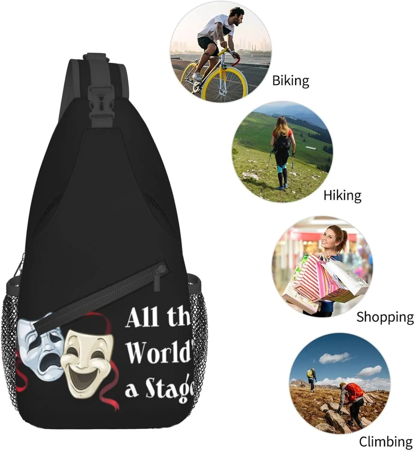 Comedy Tragedy Drama Theater Masks Mens Crossbody Chest Bag One Shoulder Strap Zipper Sling Bags